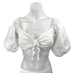 Zara White Short Puff Sleeve Sweetheart Neck Smocked Tie Front Crop Blouse Top M